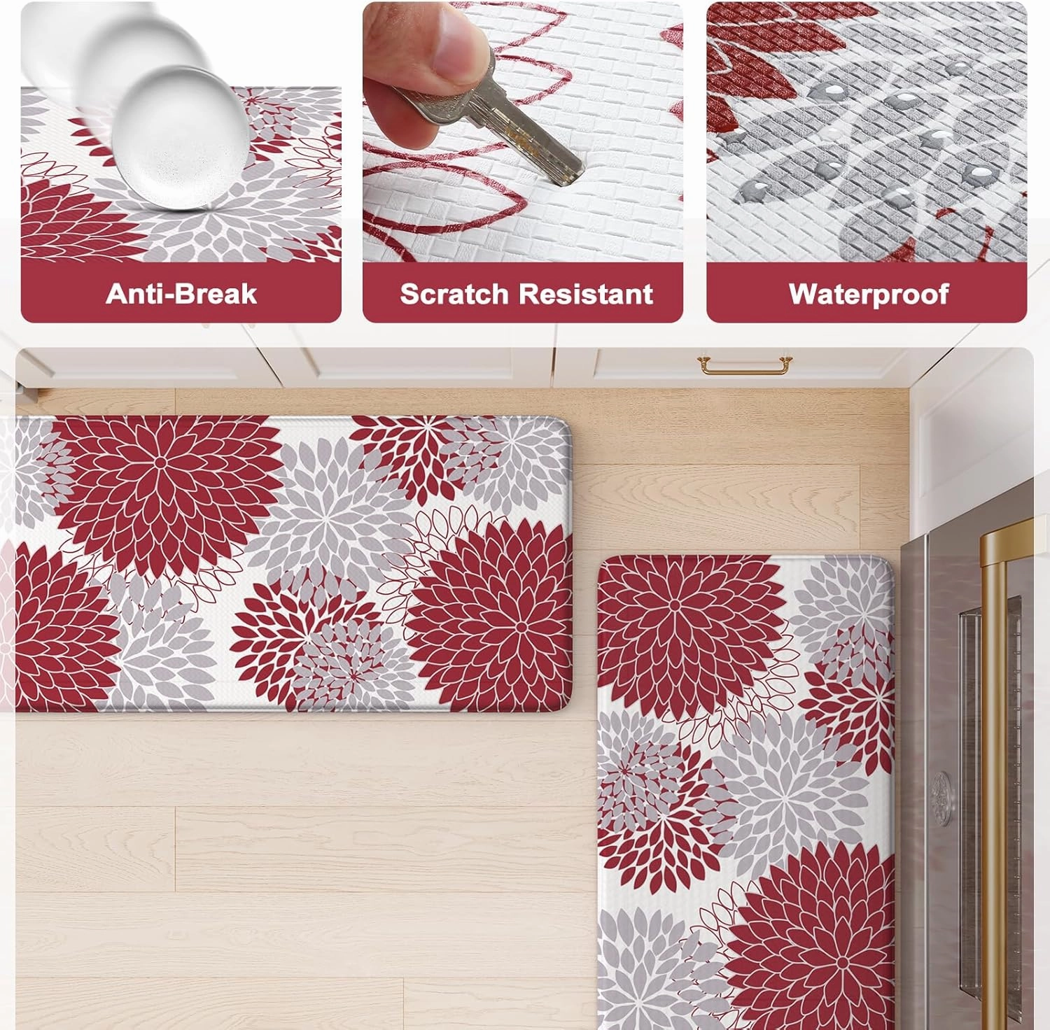 Collive Anti Fatigue Kitchen Mats,17"x59" 17"x29" Non Slip Boho Kitchen Rugs Sets of 2,Farmhouse Waterproof Kitchen Mat for Floor,Cushioned Standing Mat for Office,Laundry,Sink,Desk,Red
