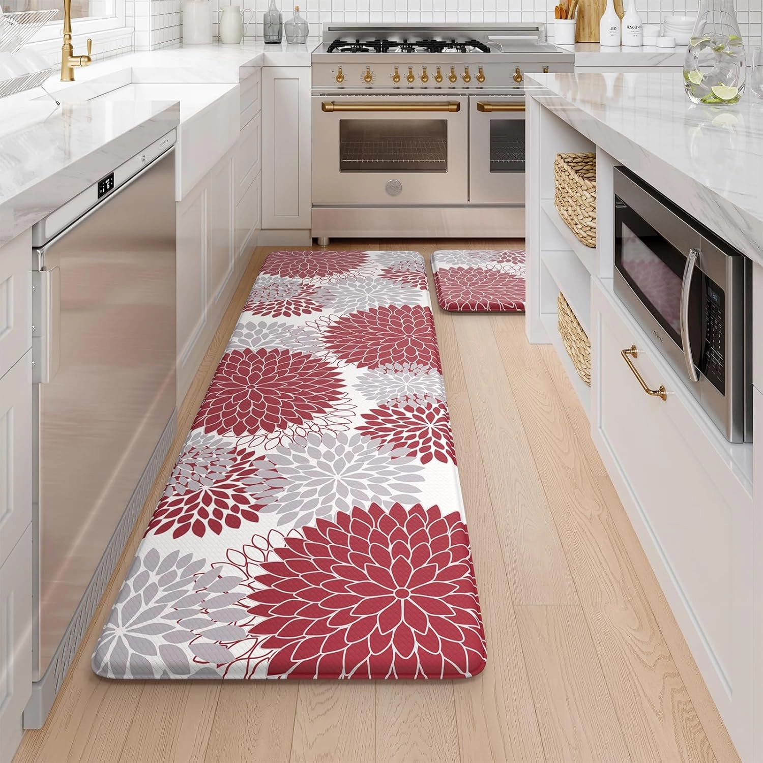 Collive Anti Fatigue Kitchen Mats,17"x59" 17"x29" Non Slip Boho Kitchen Rugs Sets of 2,Farmhouse Waterproof Kitchen Mat for Floor,Cushioned Standing Mat for Office,Laundry,Sink,Desk,Red