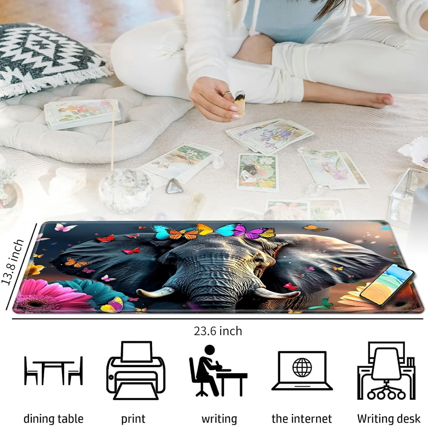 Colorful Elephant Butterflies for MTG & TCG Playmat Mouse Pad,BFDHGQZC 24" x 14" Game Mat for MTG/RPG/CCG Trading Card Game Playmats Table Mat Perfect for Card Games Video Games Computer Office