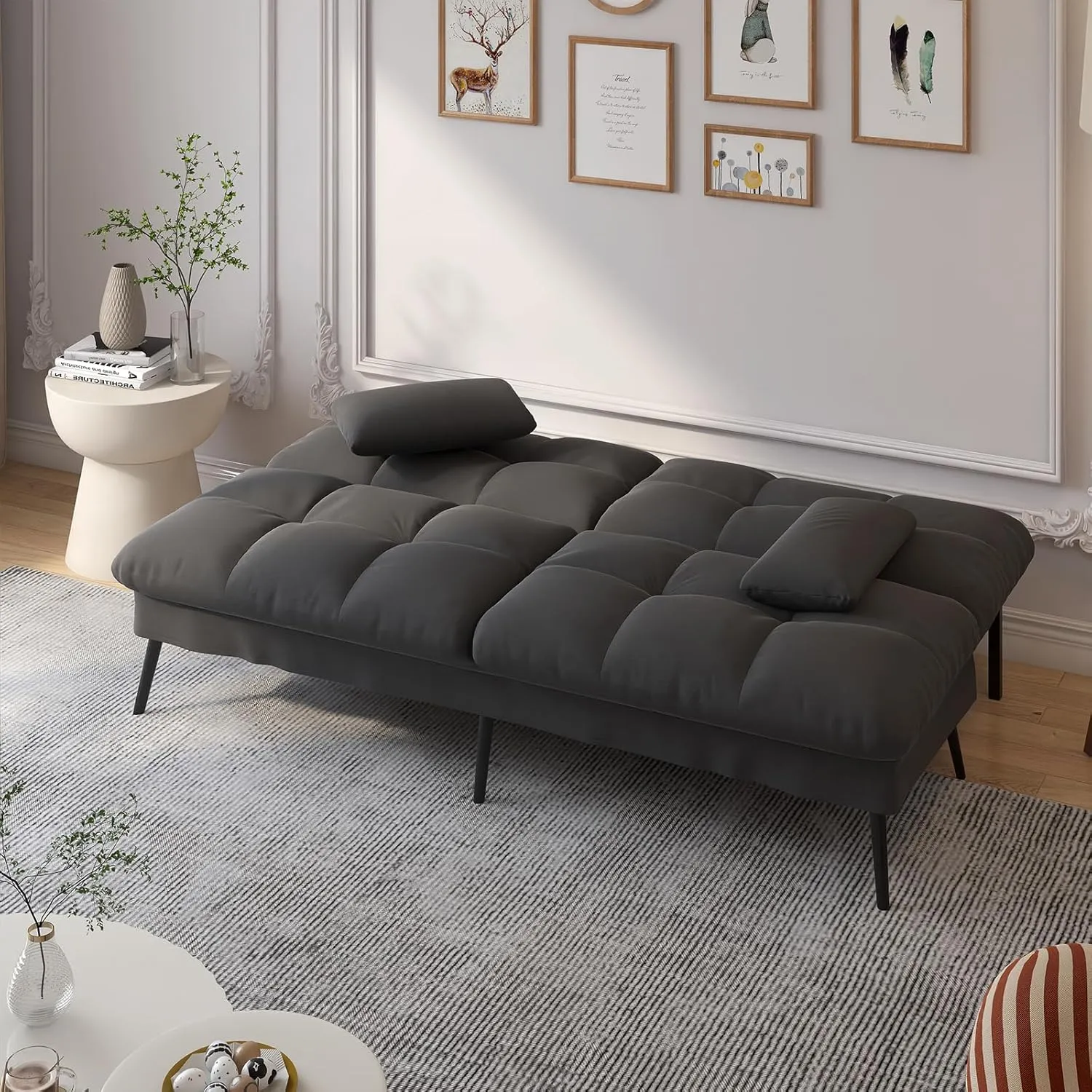 COMHOMA Convertible Futon Sofa Bed, 68″Fabric Futons Couch with Adjustable Backrest, Folding Sleeper Recliner for Living Room Furniture (Black)
