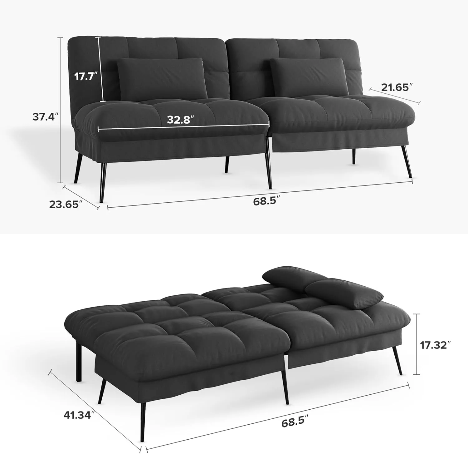 COMHOMA Convertible Futon Sofa Bed, 68″Fabric Futons Couch with Adjustable Backrest, Folding Sleeper Recliner for Living Room Furniture (Black)