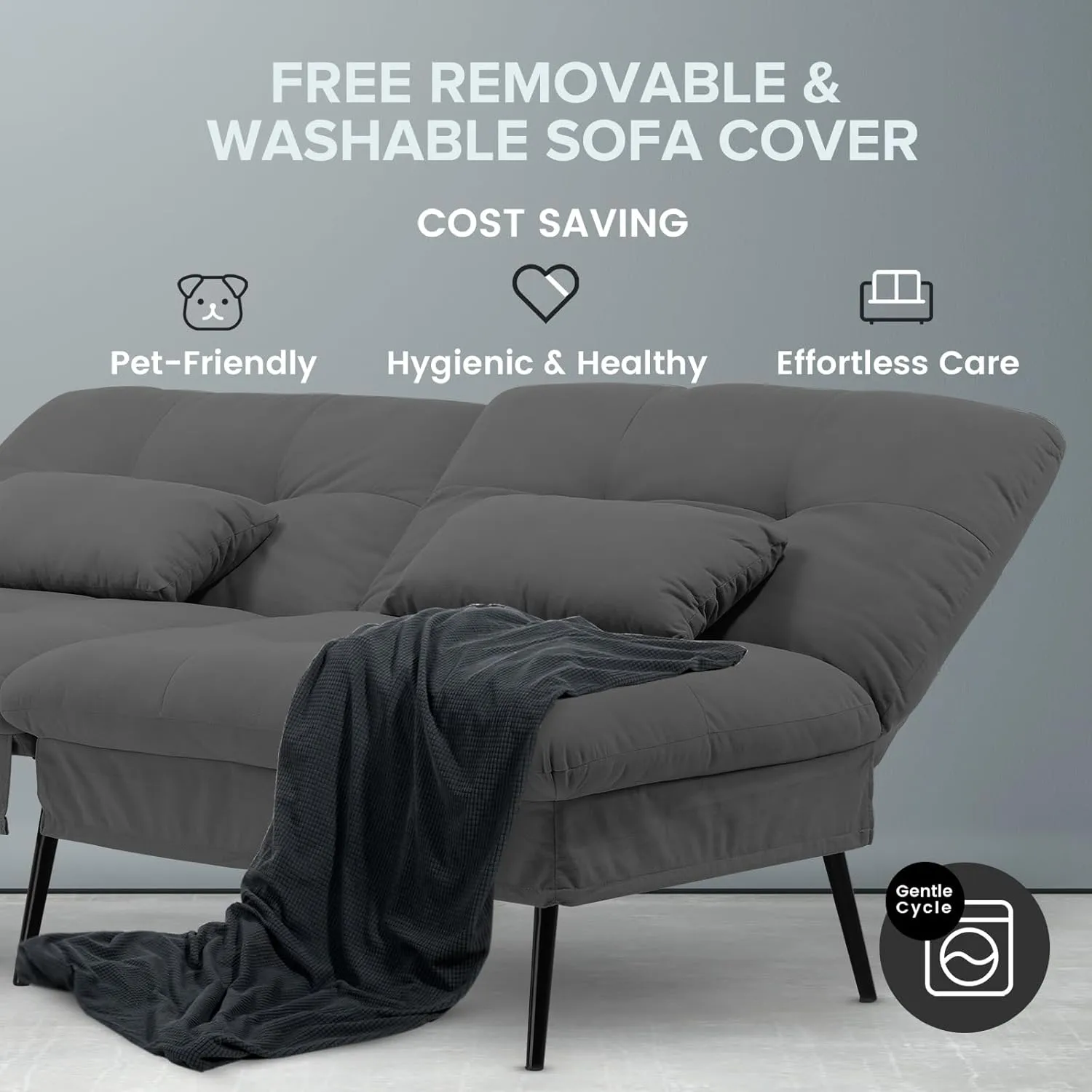 COMHOMA Convertible Futon Sofa Bed, 68″Fabric Futons Couch with Adjustable Backrest, Folding Sleeper Recliner for Living Room Furniture (Black)