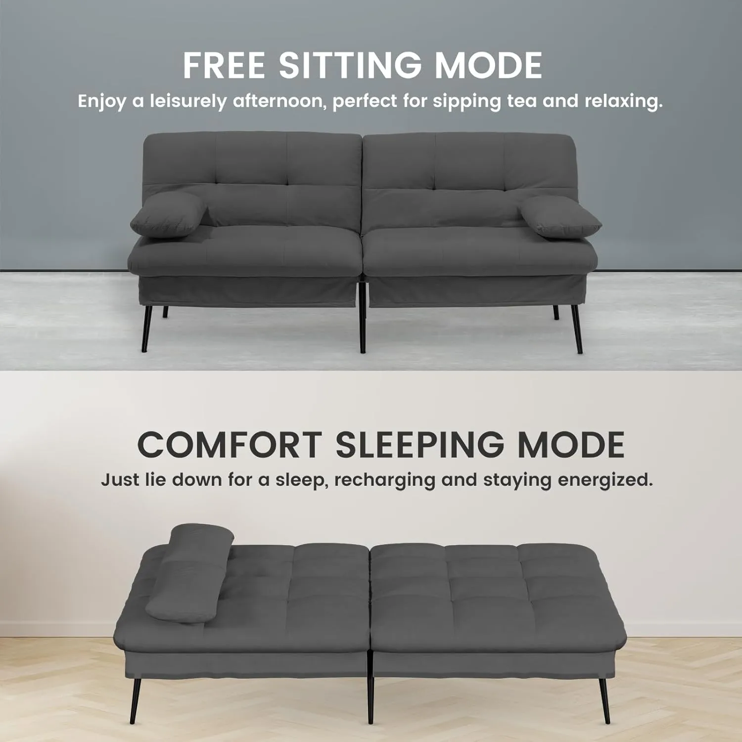 COMHOMA Convertible Futon Sofa Bed, 68″Fabric Futons Couch with Adjustable Backrest, Folding Sleeper Recliner for Living Room Furniture (Black)