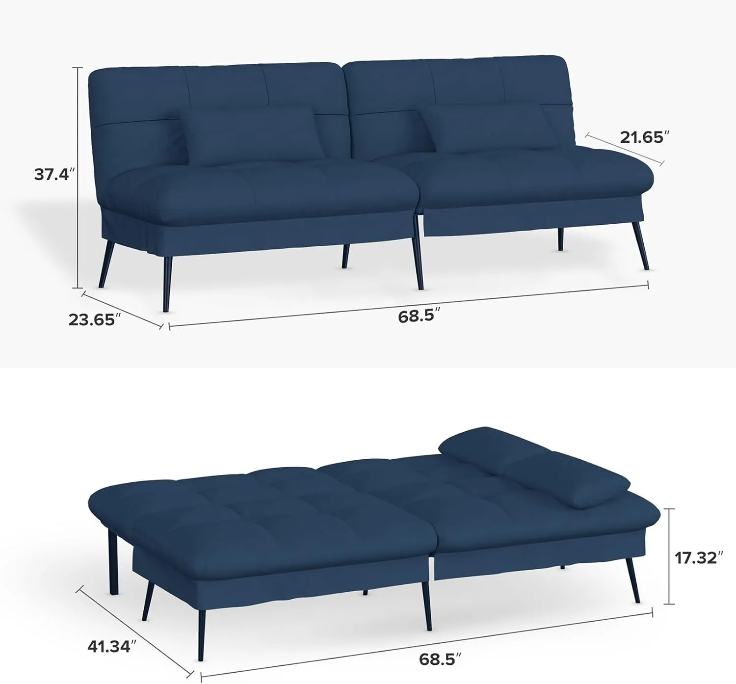 COMHOMA Convertible Sofa Bed,68″Fabric Couch with Adjustable Backrest,Loveseat Recliner Sleeper Living Room Furniture futon Set,Blue