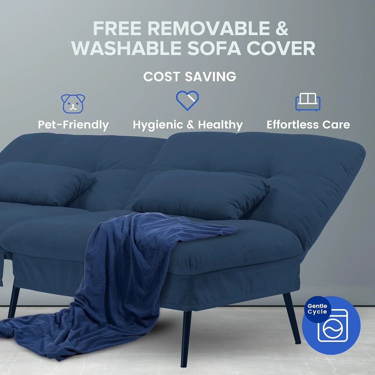 COMHOMA Convertible Sofa Bed,68″Fabric Couch with Adjustable Backrest,Loveseat Recliner Sleeper Living Room Furniture futon Set,Blue