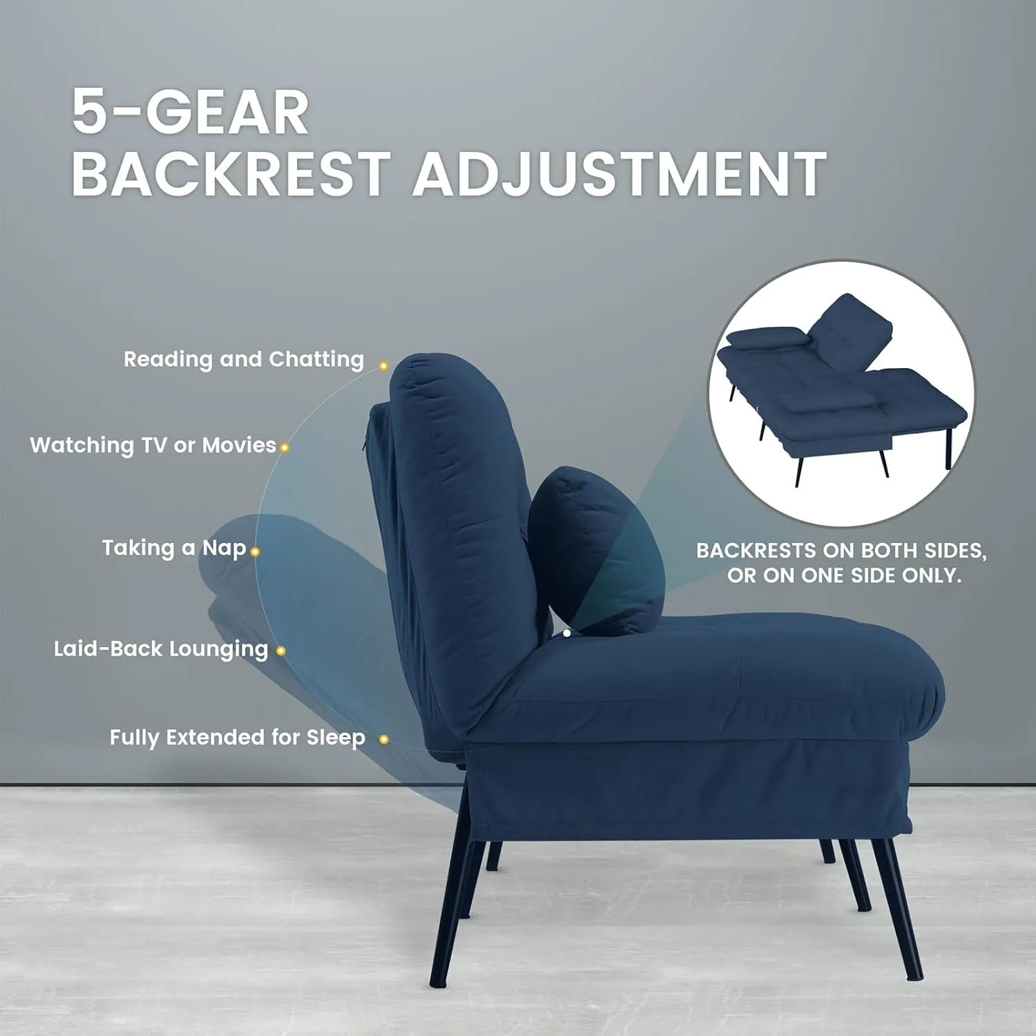 COMHOMA Convertible Sofa Bed,68″Fabric Couch with Adjustable Backrest,Loveseat Recliner Sleeper Living Room Furniture futon Set,Blue