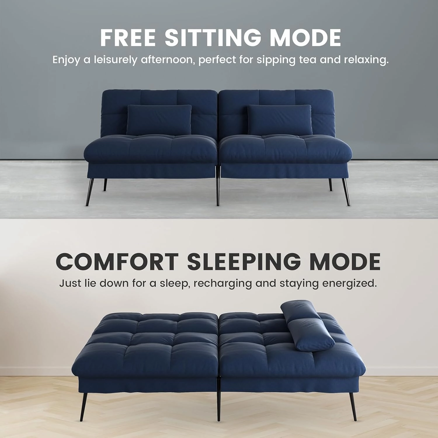COMHOMA Convertible Futon Sofa Bed, 68″Fabric Futon Couch with Adjustable Backrest, Folding Futon Sleeper Recliner for Living Room Furniture (Blue)