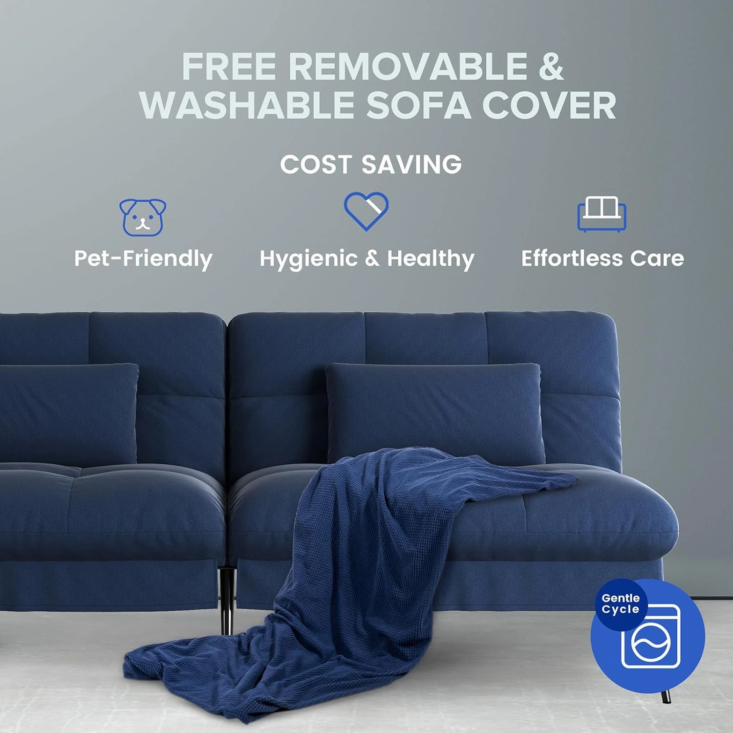 COMHOMA Convertible Futon Sofa Bed, 68″Fabric Futon Couch with Adjustable Backrest, Folding Futon Sleeper Recliner for Living Room Furniture (Blue)