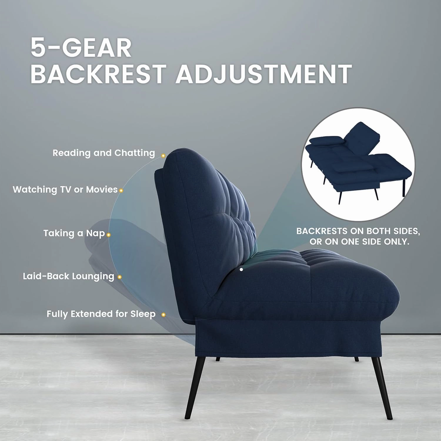 COMHOMA Convertible Futon Sofa Bed, 68″Fabric Futon Couch with Adjustable Backrest, Folding Futon Sleeper Recliner for Living Room Furniture (Blue)