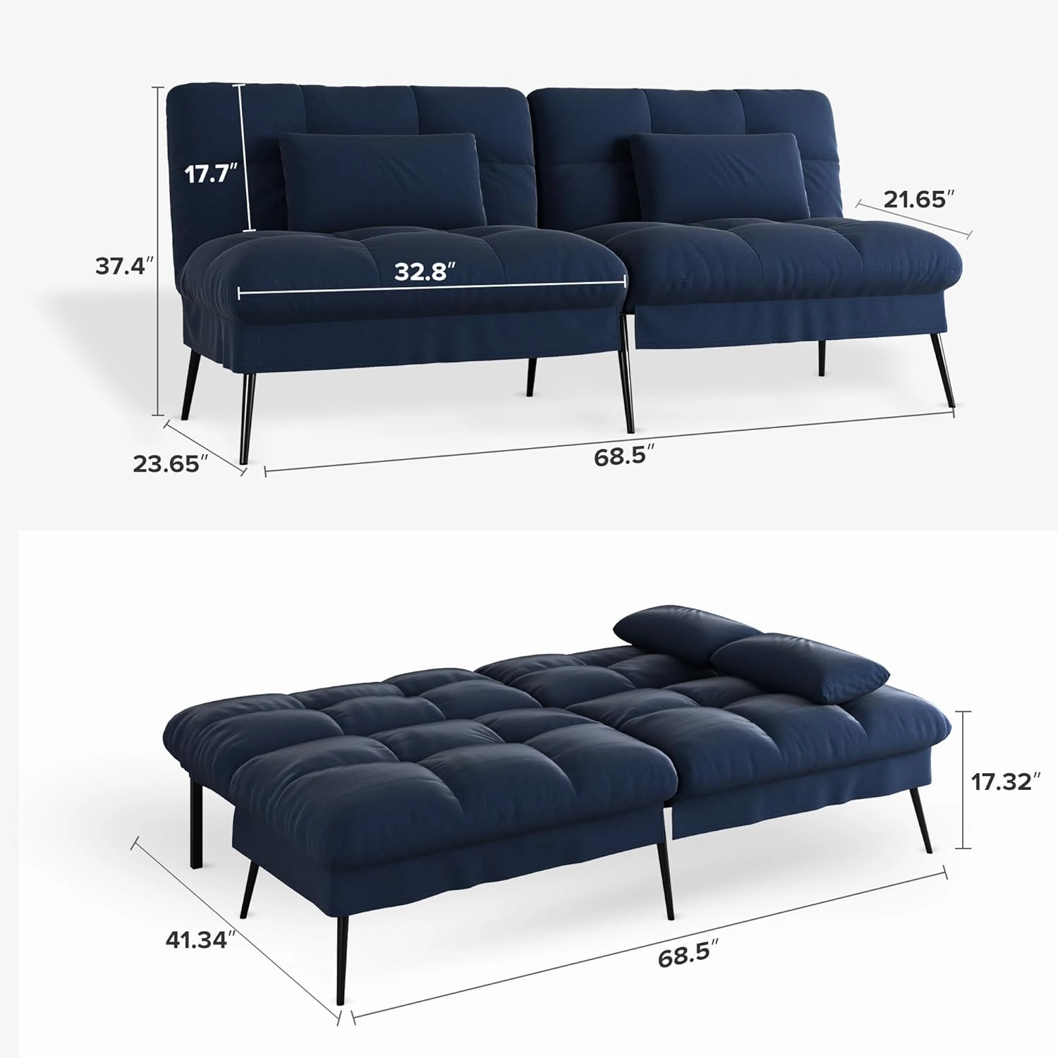 COMHOMA Convertible Futon Sofa Bed, 68″Fabric Futon Couch with Adjustable Backrest, Folding Futon Sleeper Recliner for Living Room Furniture (Blue)