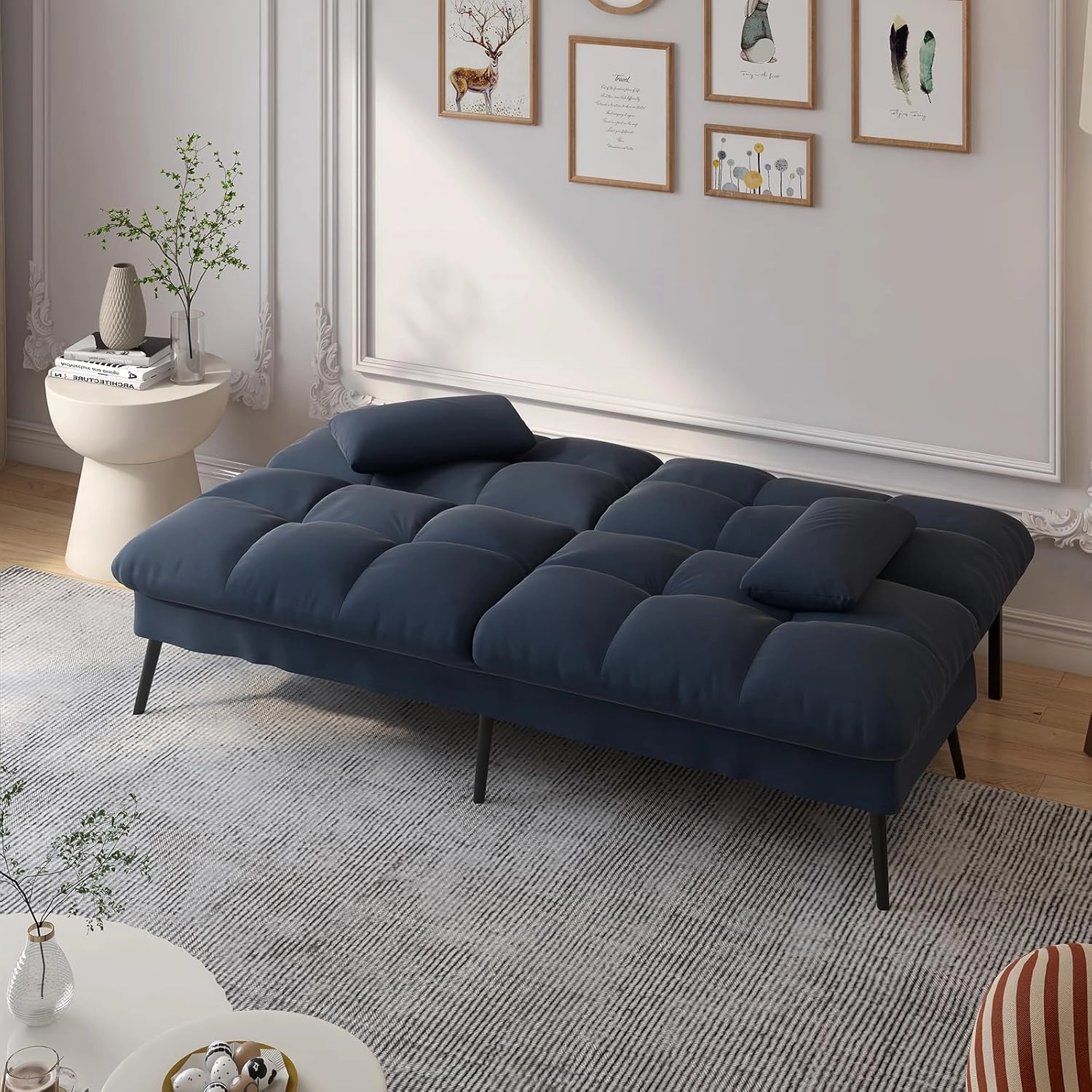 COMHOMA Convertible Futon Sofa Bed, 68″Fabric Futon Couch with Adjustable Backrest, Folding Futon Sleeper Recliner for Living Room Furniture (Blue)