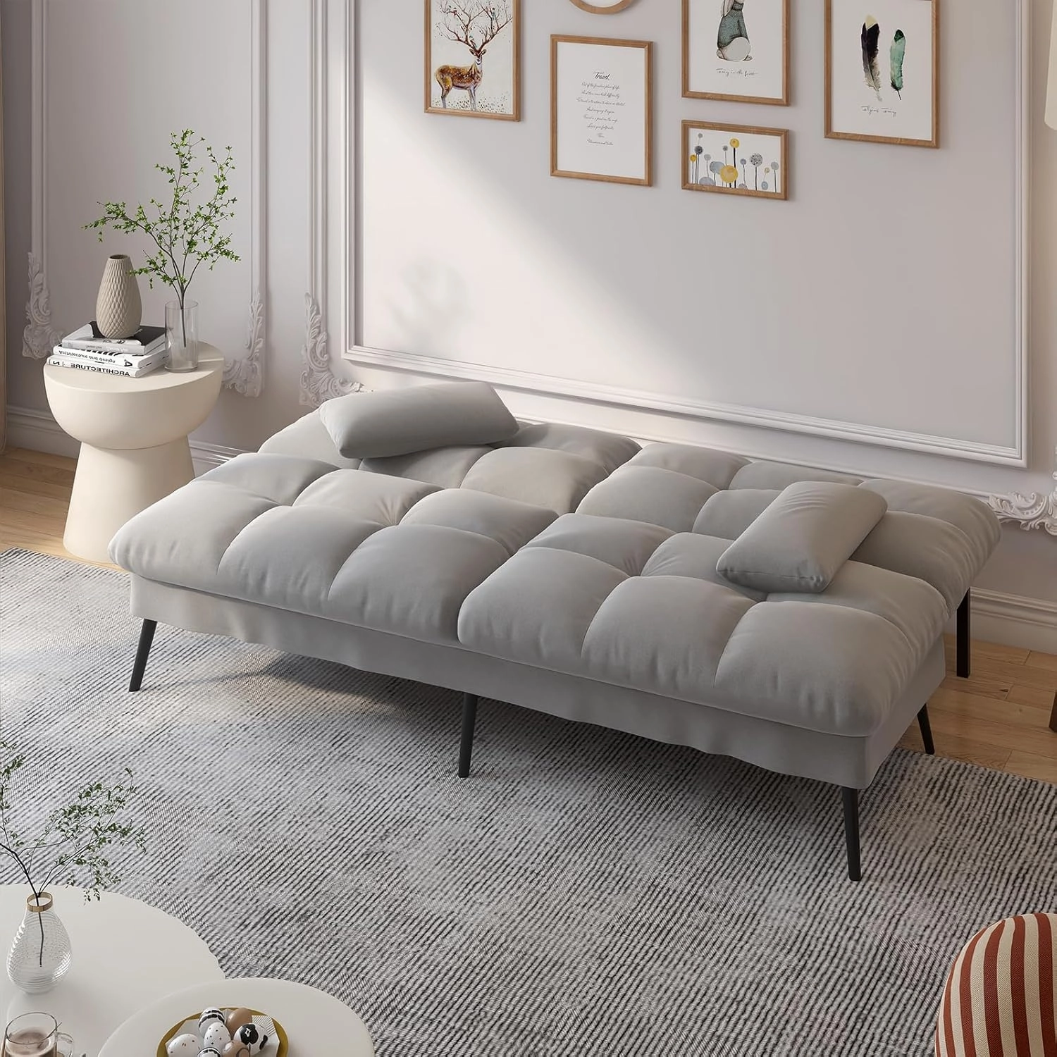COMHOMA Convertible Futon Sofa Bed, 68″Fabric Futons Couch with Adjustable Backrest, Folding Sleeper Recliner for Living Room Furniture (Grey)