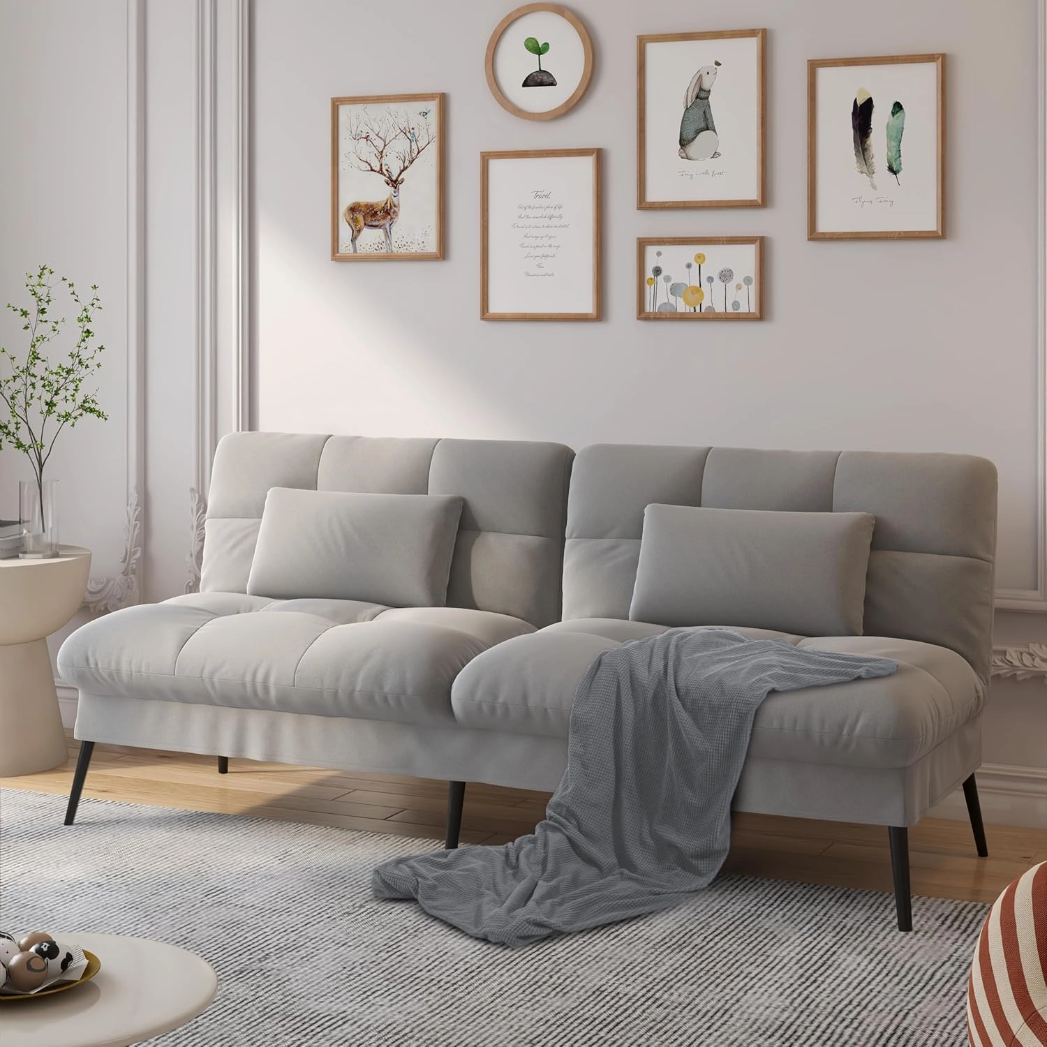 COMHOMA Convertible Futon Sofa Bed, 68″Fabric Futons Couch with Adjustable Backrest, Folding Sleeper Recliner for Living Room Furniture (Grey)