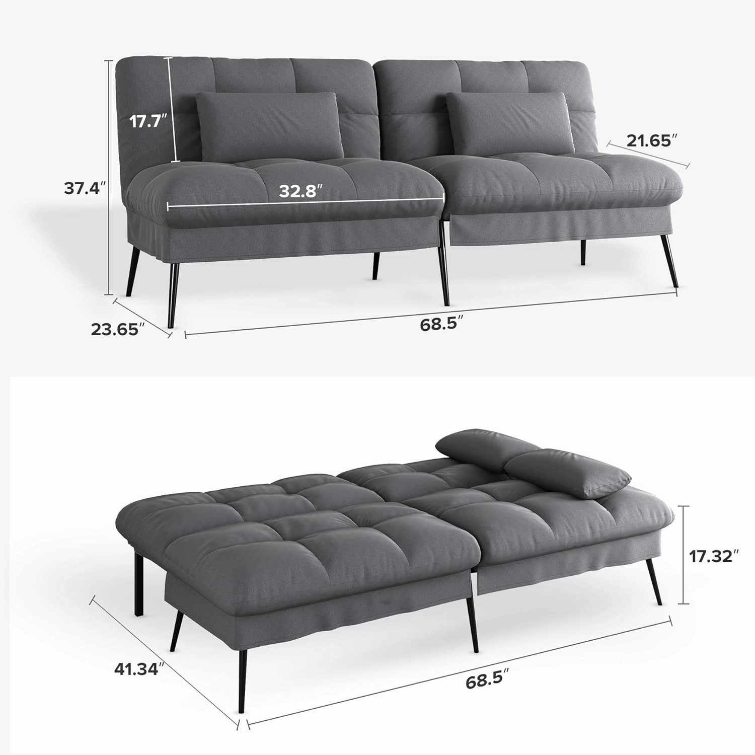 COMHOMA Convertible Futon Sofa Bed, 68″Fabric Futons Couch with Adjustable Backrest, Folding Sleeper Recliner for Living Room Furniture (Grey)