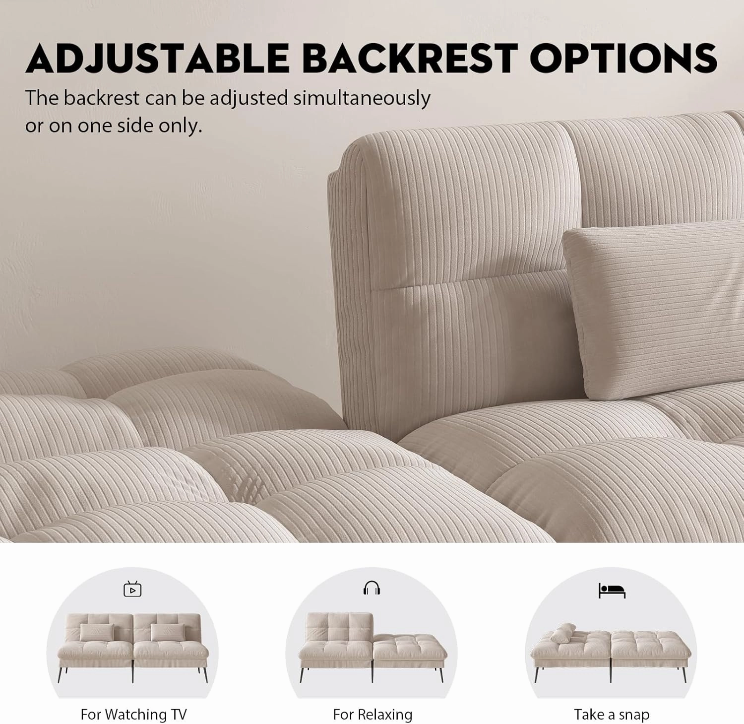 COMHOMA Convertible Futon Sofa Bed, 68" Corduroy Futon Couch with Adjustable Backrest, Folding Loveseat for Living Room, Bedroom (Cream)