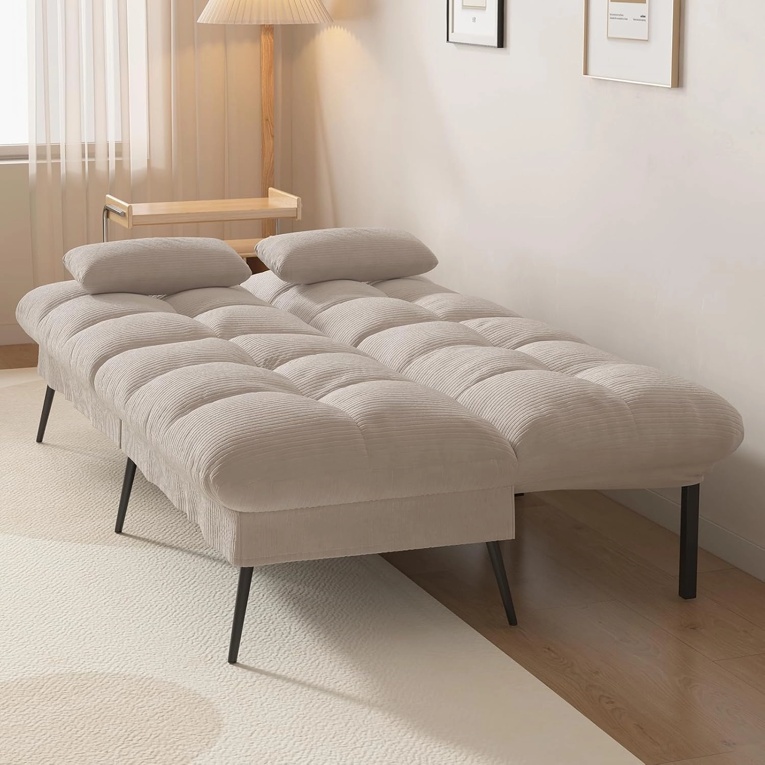 COMHOMA Convertible Futon Sofa Bed, 68" Corduroy Futon Couch with Adjustable Backrest, Folding Loveseat for Living Room, Bedroom (Cream)