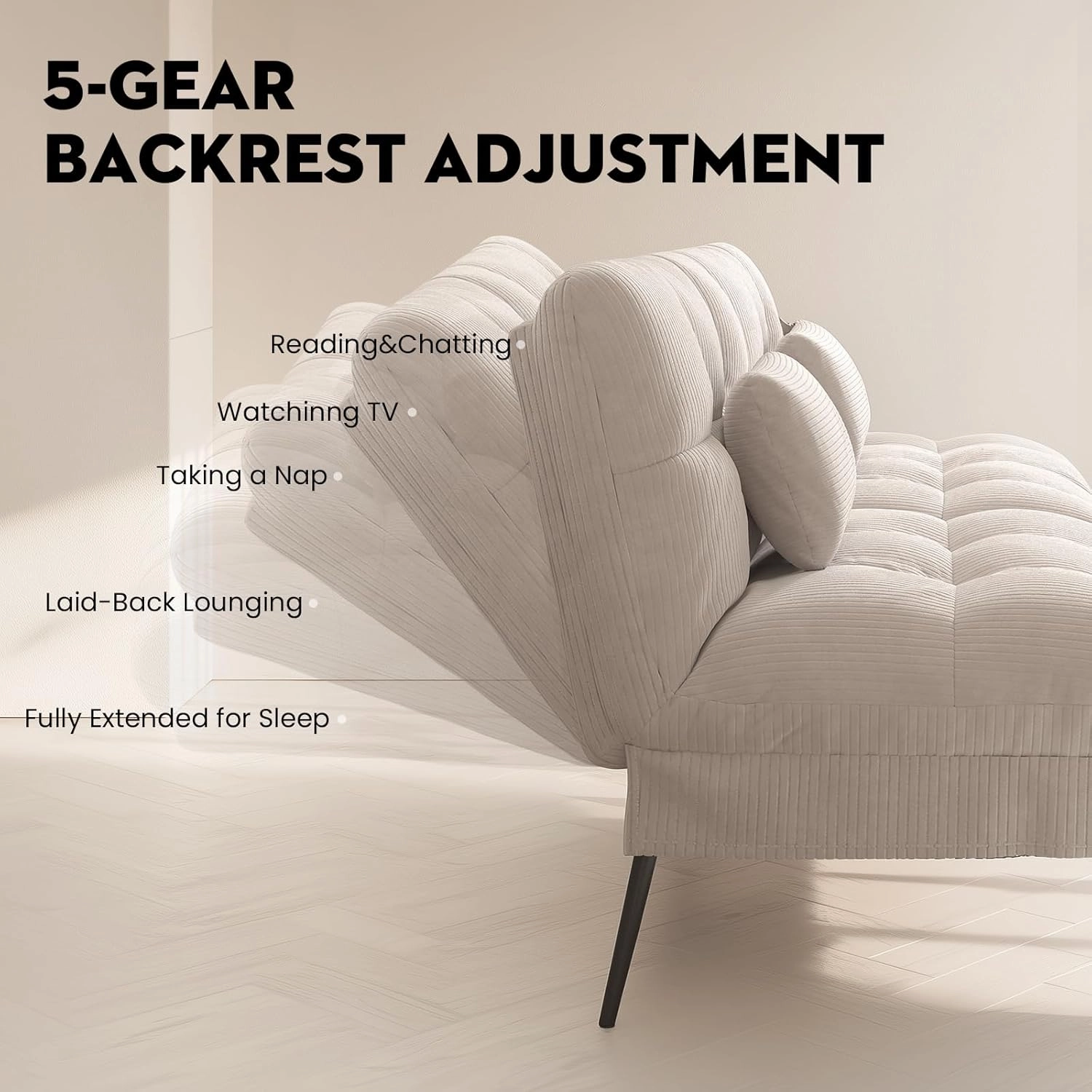 COMHOMA Convertible Futon Sofa Bed, 68" Corduroy Futon Couch with Adjustable Backrest, Folding Loveseat for Living Room, Bedroom (Cream)