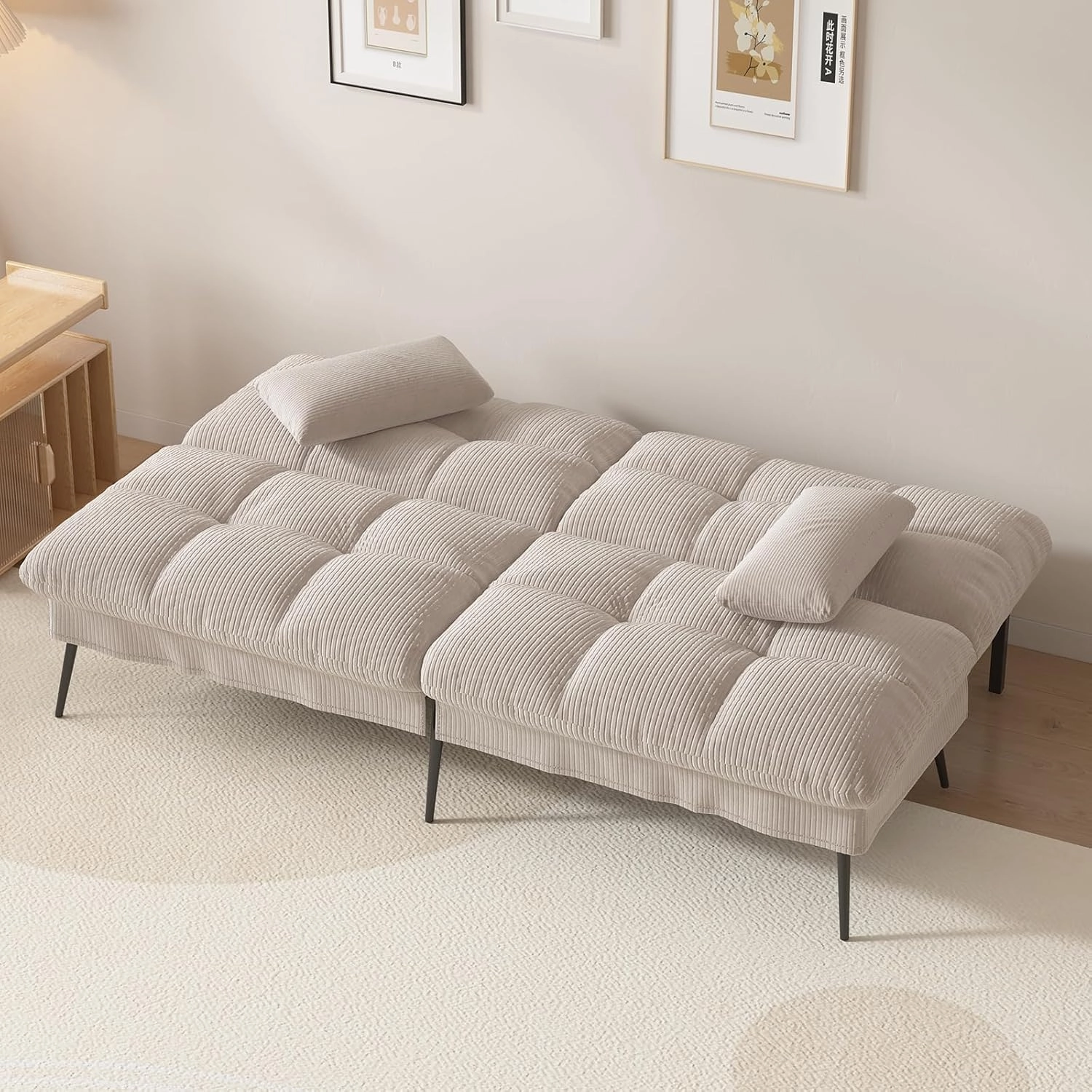 COMHOMA Convertible Futon Sofa Bed, 68" Corduroy Futon Couch with Adjustable Backrest, Folding Loveseat for Living Room, Bedroom (Cream)