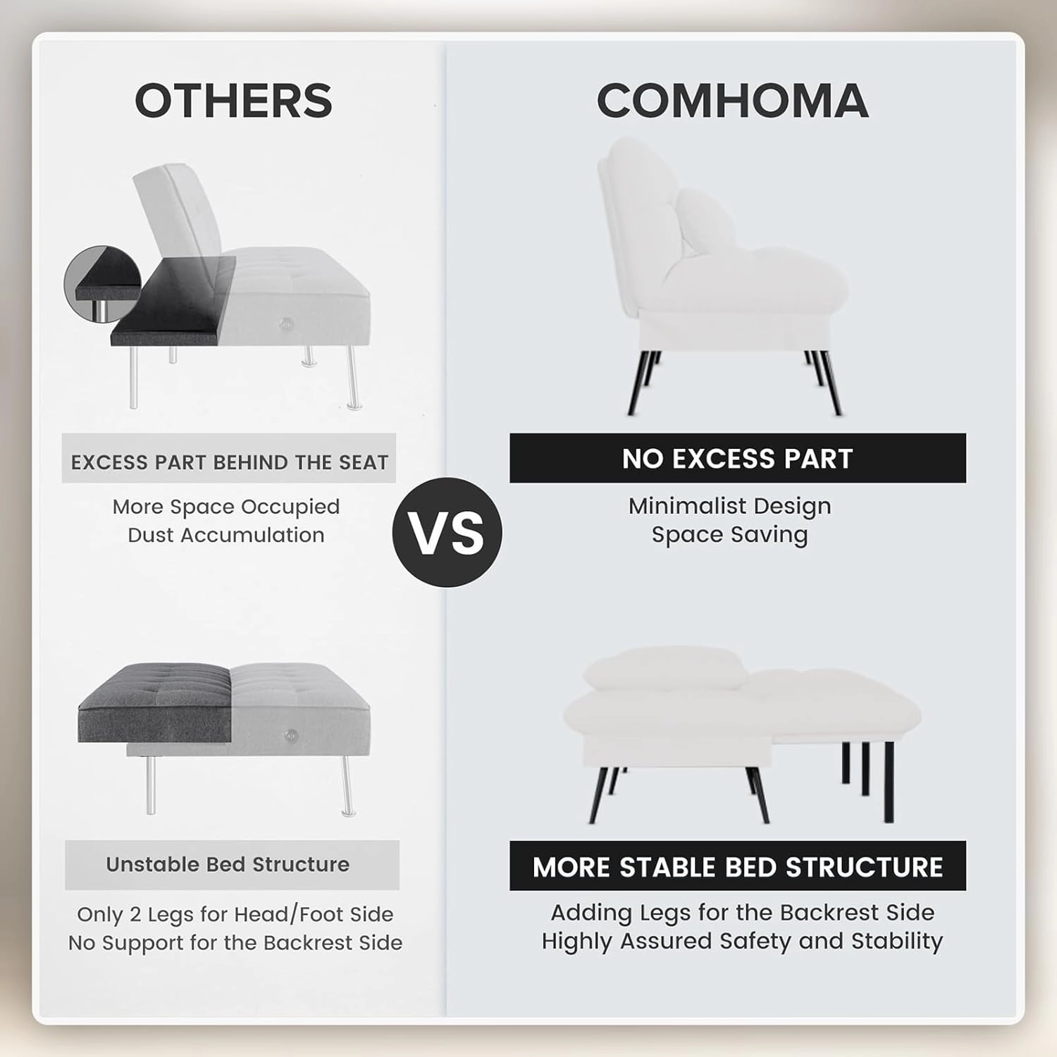 COMHOMA Convertible Futon Sofa Bed, 68" Corduroy Futon Couch with Adjustable Backrest, Folding Loveseat for Living Room, Bedroom (Cream)