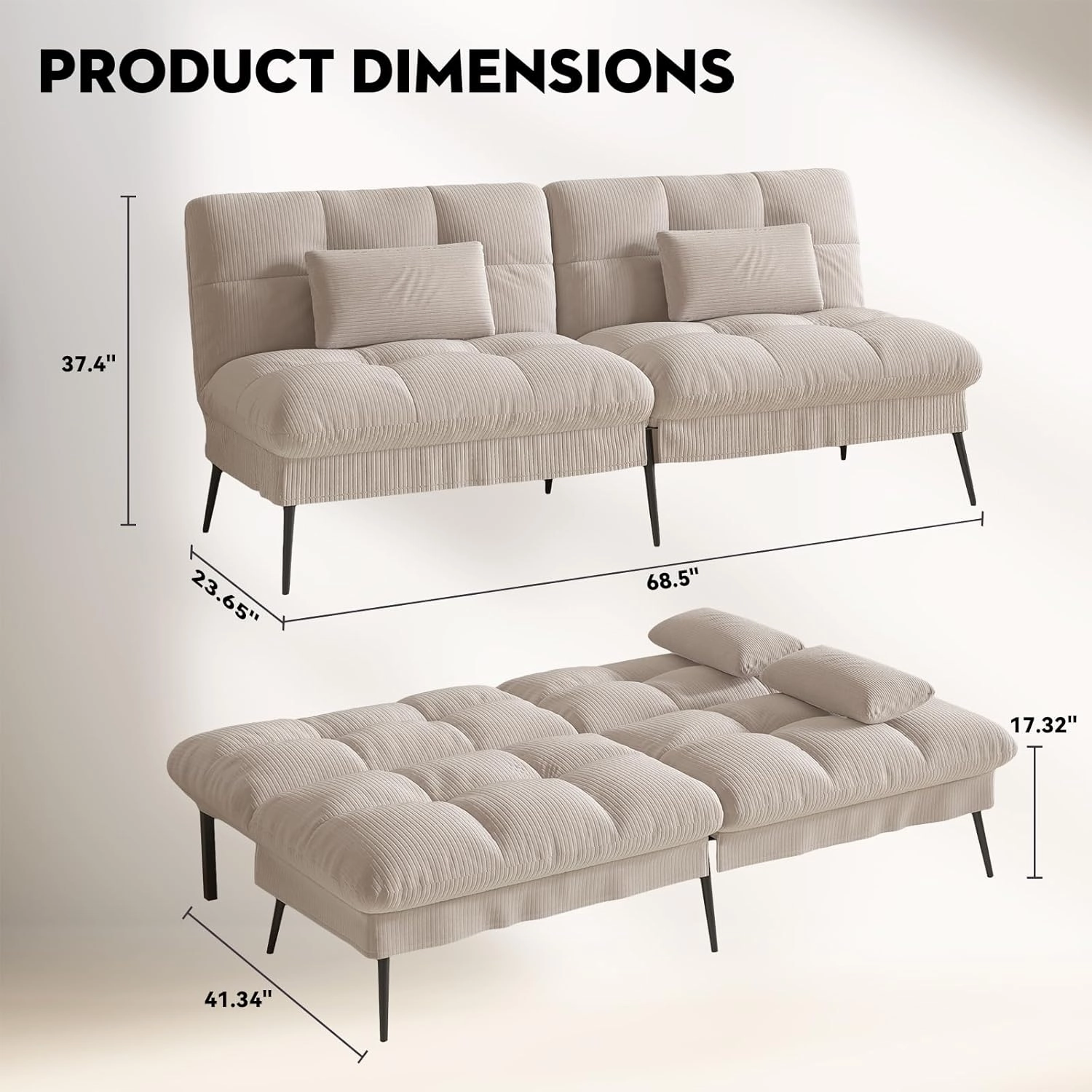 COMHOMA Convertible Futon Sofa Bed, 68" Corduroy Futon Couch with Adjustable Backrest, Folding Loveseat for Living Room, Bedroom (Cream)
