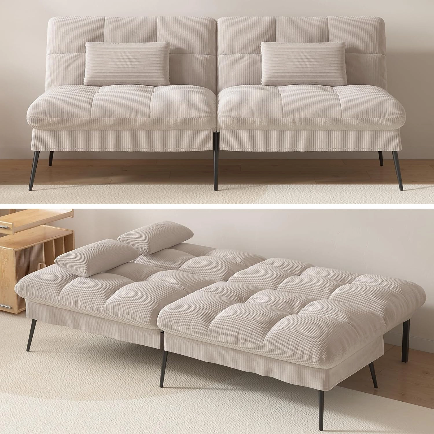 COMHOMA Convertible Futon Sofa Bed, 68" Corduroy Futon Couch with Adjustable Backrest, Folding Loveseat for Living Room, Bedroom (Cream)