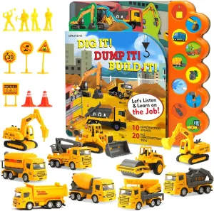 Construction Toys with Sound Books - Dig It! Dump It! Build It! Construction Board Book with 10 Buttons & 20 PCS Toys for 3  Year Old, Great for Little Alloy Truck Lovers Kids