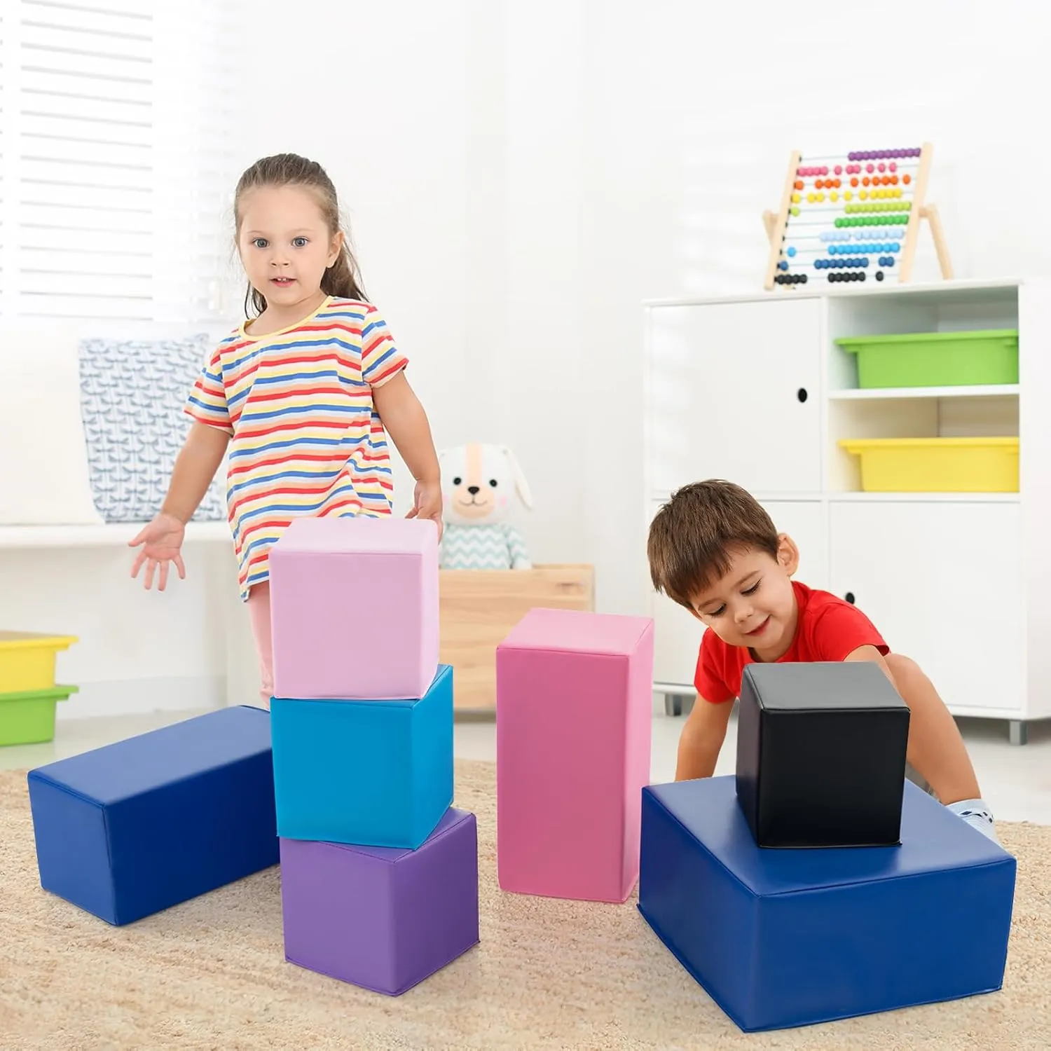 Costzon Foam Blocks, 7 PCS Colorful Building Toys Stacking Block Playset for Kids Safe Active Playing, Includes Foam Cubes & Rectangles, Soft Play Equipment for Baby Toddlers Preschoolers