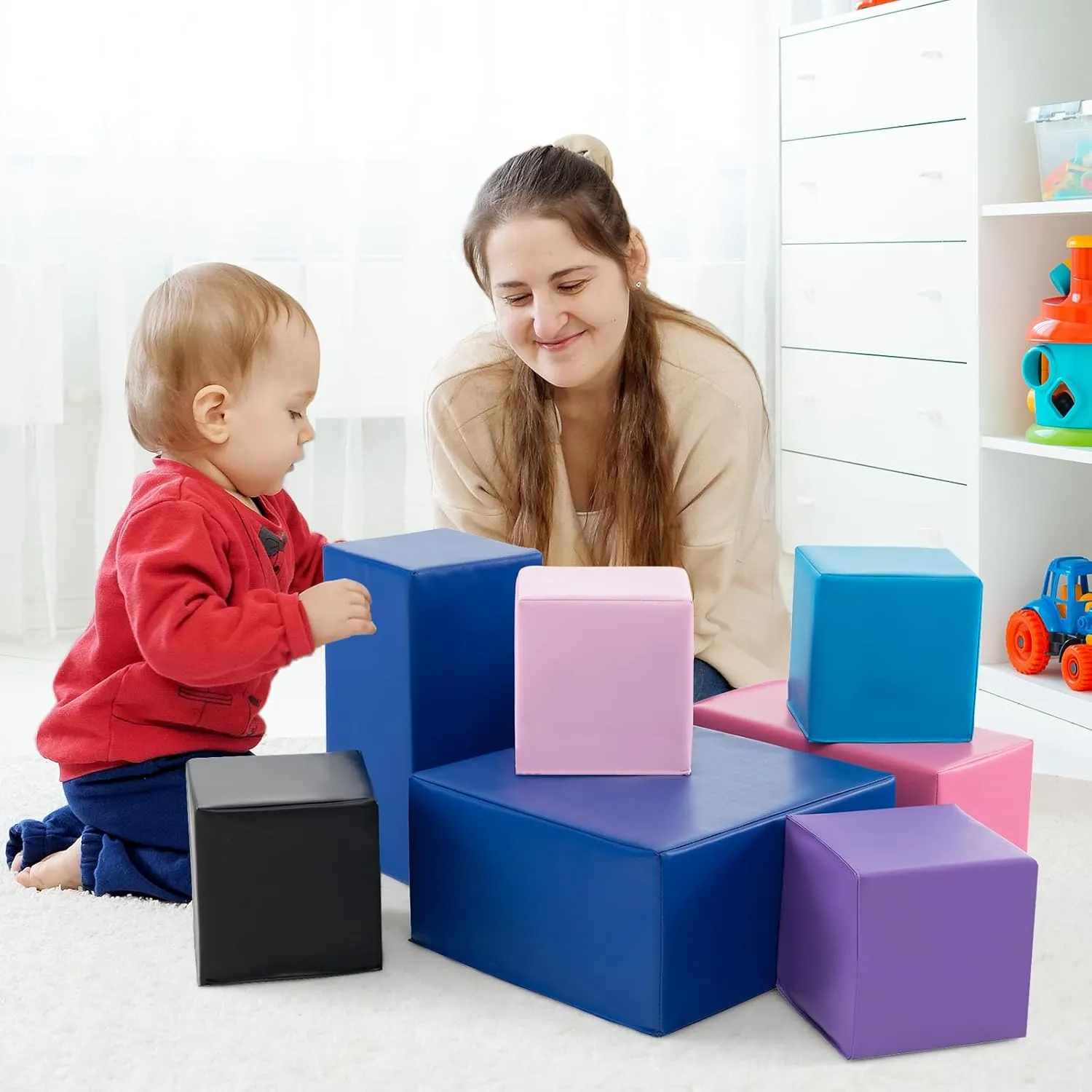 Costzon Foam Blocks, 7 PCS Colorful Building Toys Stacking Block Playset for Kids Safe Active Playing, Includes Foam Cubes & Rectangles, Soft Play Equipment for Baby Toddlers Preschoolers