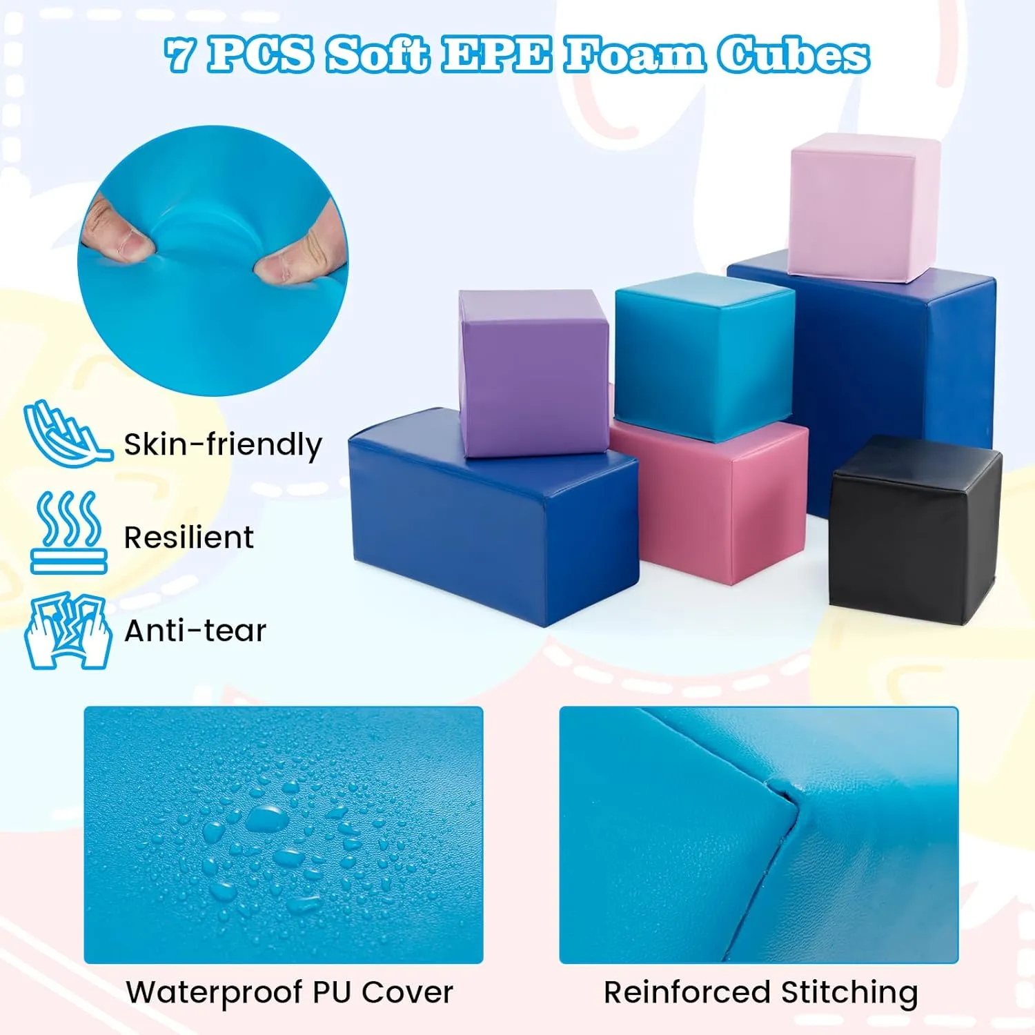 Costzon Foam Blocks, 7 PCS Colorful Building Toys Stacking Block Playset for Kids Safe Active Playing, Includes Foam Cubes & Rectangles, Soft Play Equipment for Baby Toddlers Preschoolers