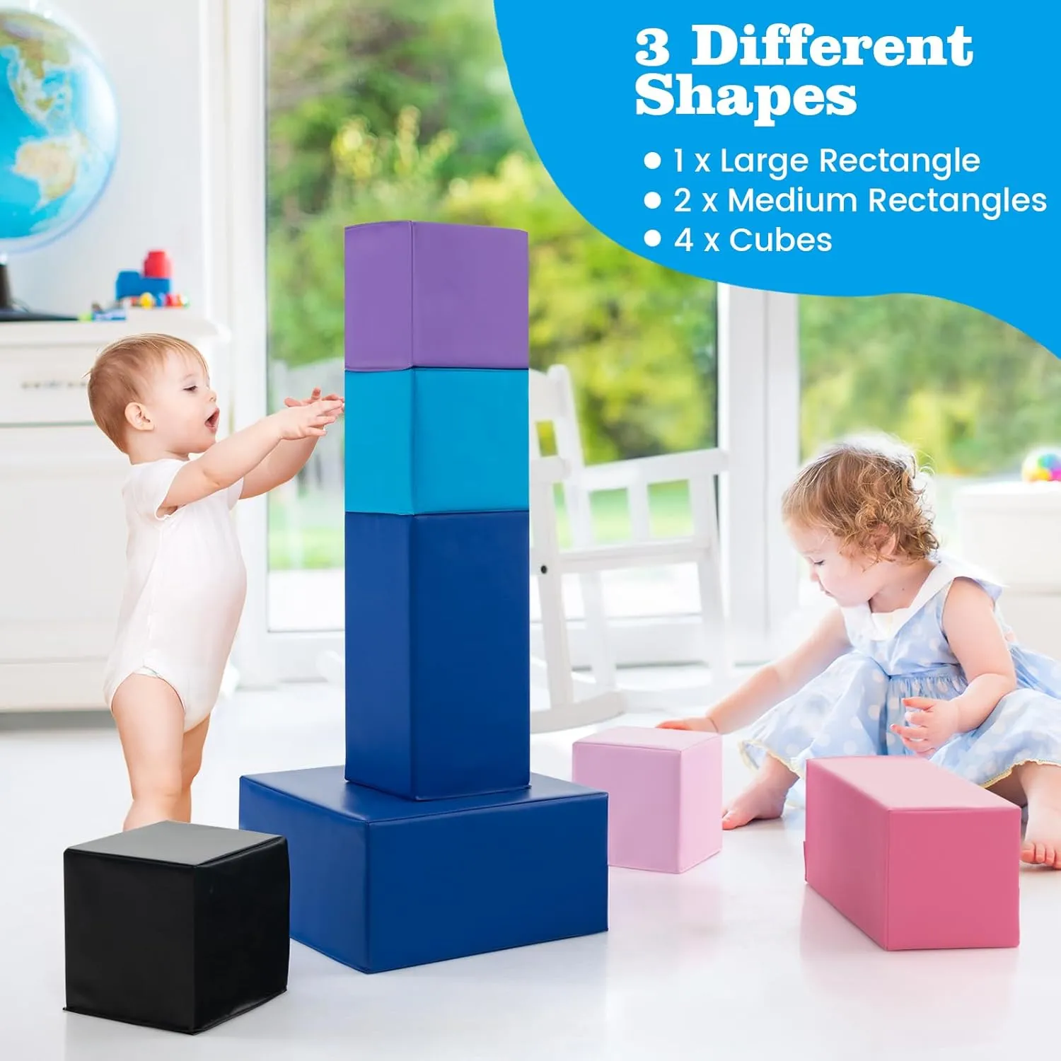 Costzon Foam Blocks, 7 PCS Colorful Building Toys Stacking Block Playset for Kids Safe Active Playing, Includes Foam Cubes & Rectangles, Soft Play Equipment for Baby Toddlers Preschoolers