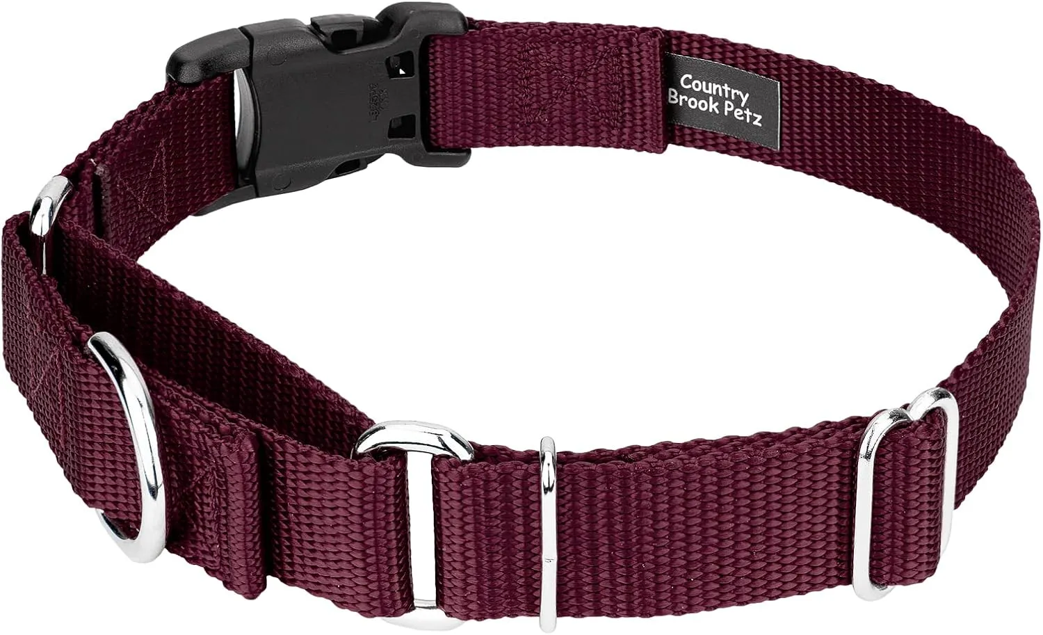 Country Brook Petz Heavy Duty Nylon Adjustable Martingale Dog Collar with Deluxe Buckle for Small Medium Large Breeds - 30  Vibrant Color Options (3/4 Inch, Small, Burgundy)