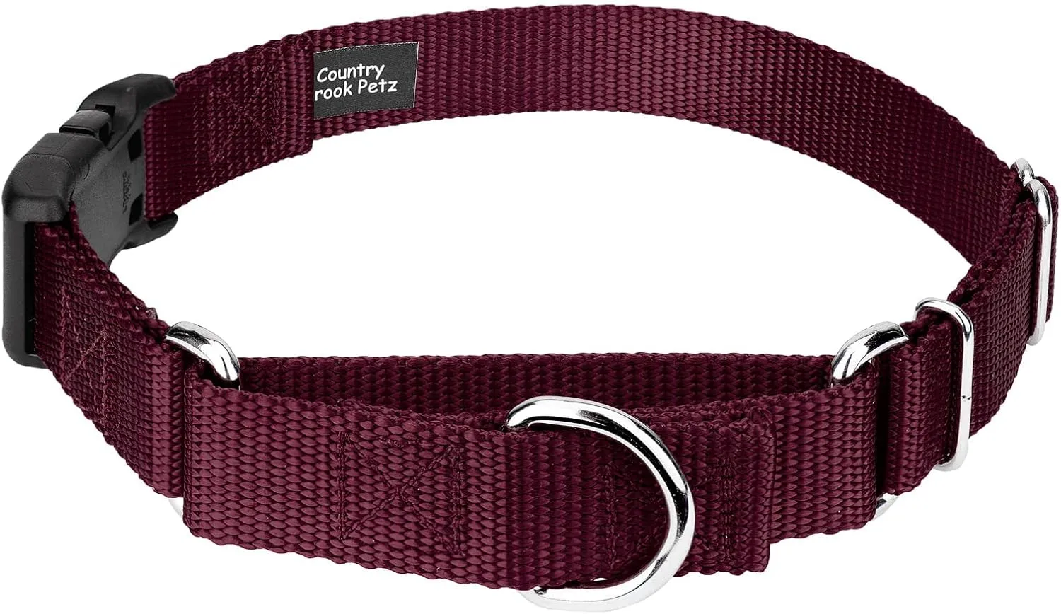 Country Brook Petz Heavy Duty Nylon Adjustable Martingale Dog Collar with Deluxe Buckle for Small Medium Large Breeds - 30  Vibrant Color Options (3/4 Inch, Small, Burgundy)