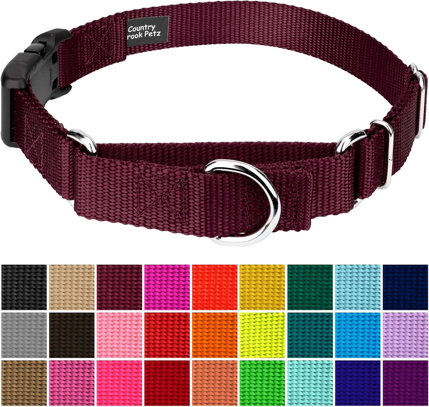 Country Brook Petz Heavy Duty Nylon Adjustable Martingale Dog Collar with Deluxe Buckle for Small Medium Large Breeds - 30  Vibrant Color Options (3/4 Inch, Small, Burgundy)