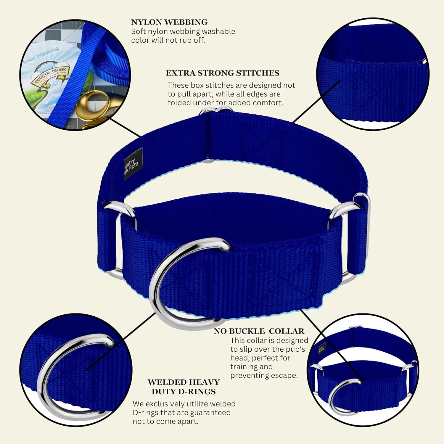 Country Brook Petz - HossFit Jr Wide Martingale Dog Collar - Training Collar with No Buckle - Service Dog Collar for All Pups - Vibrant, Colorful Collection (Royal Blue, Medium)