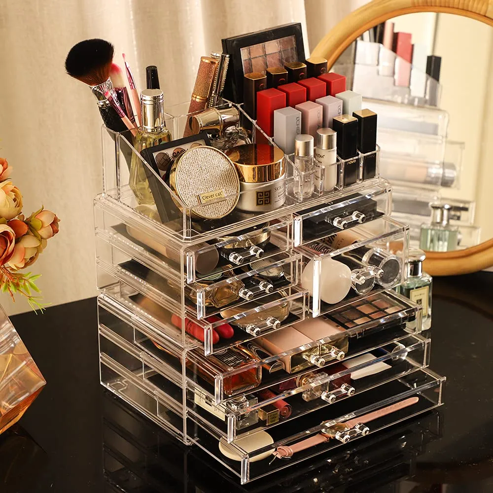 Cq Acrylic 3 Pack Clear Make Up Organizers - Stackable 8 Drawer Organizer for Vanity, Desk, Jewelry, Beauty & Skincare Products