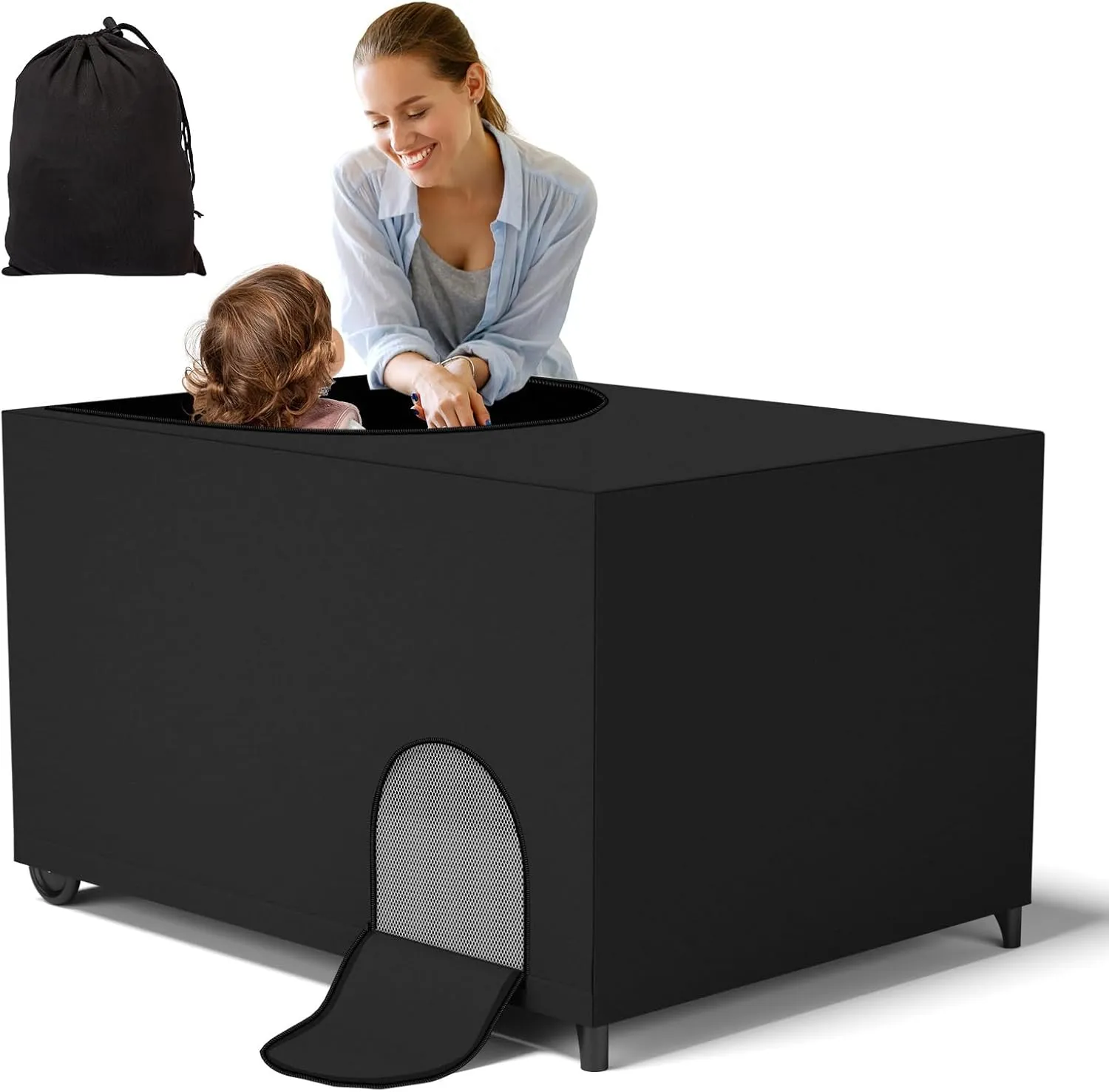 Crib Blackout Cover for Pack N Play, Portable Travel Crib Canopy Cover with Storage Bag, Stretchy Breathable Playard Netting Cover for Indoor Outdoor, Blocks 90% Light, Black