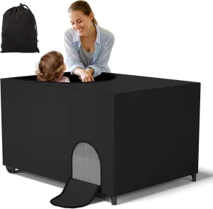 Crib Blackout Cover for Pack N Play, Portable Travel Crib Canopy Cover with Storage Bag, Stretchy Breathable Playard Netting Cover for Indoor Outdoor, Blocks 90% Light, Black
