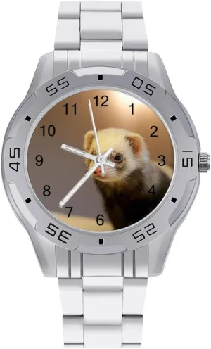 Cute Ferret Pet Classic Wrist Watches for Men Casual Business Dress Watch with Stainless Steel Band Work Party