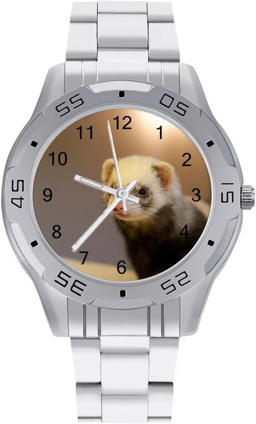 Cute Ferret Pet Classic Wrist Watches for Men Casual Business Dress Watch with Stainless Steel Band Work Party