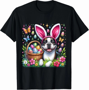 Cute Bunny Boston Terrier Dog Easter Eggs Basket Easter Day T-Shirt