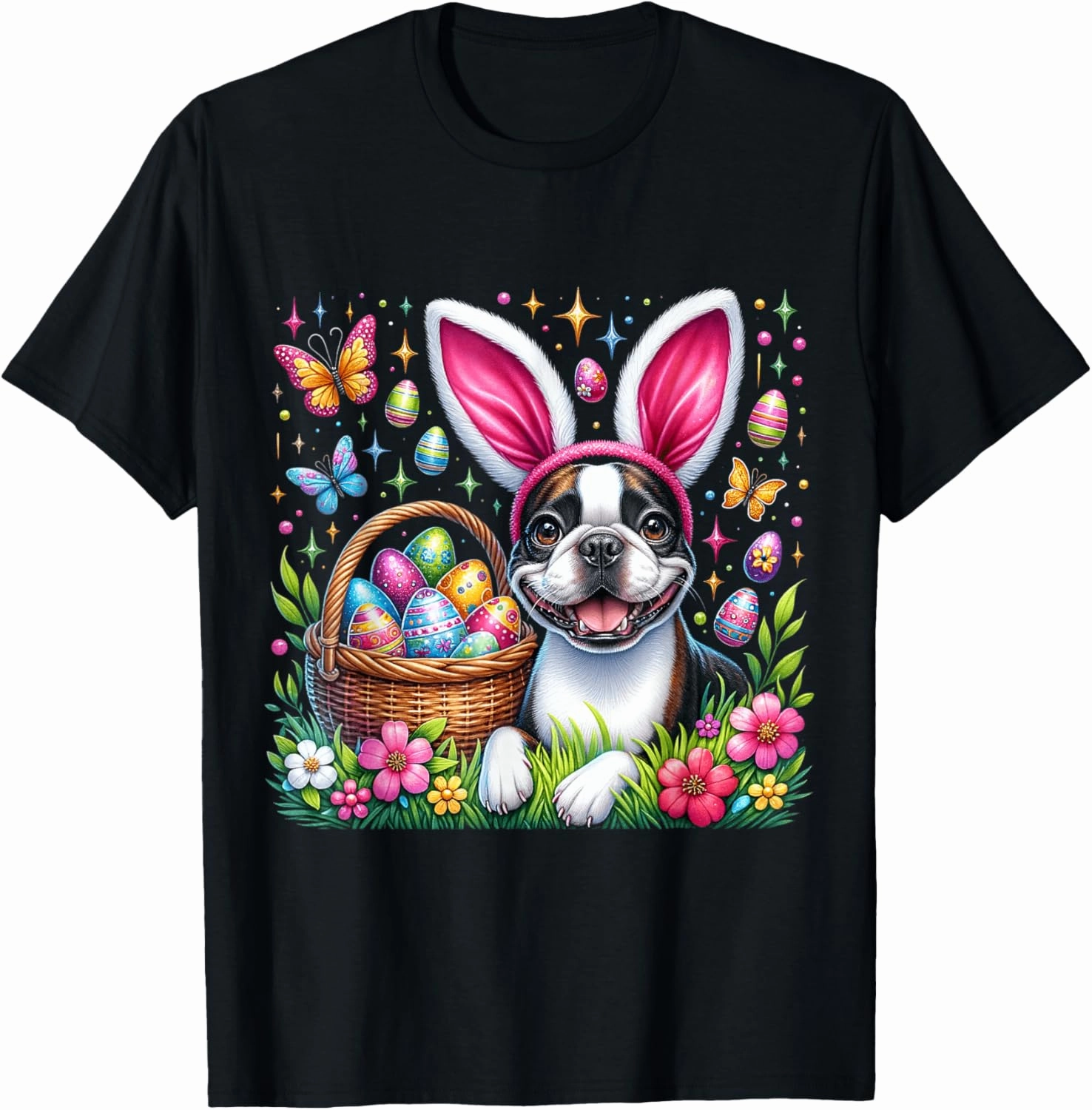 Cute Bunny Boston Terrier Dog Easter Eggs Basket Easter Day T-Shirt