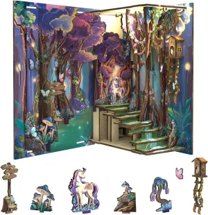 Cutefun Book Nook Kit, DIY Miniature Dollhouse Kit for Adults and Teens, 3D Wooden Puzzle Bookends, Bookshelf Insert Decor w/LED Light Dust Cover, Christmas Birthday Gifts (Forest Unicorn)