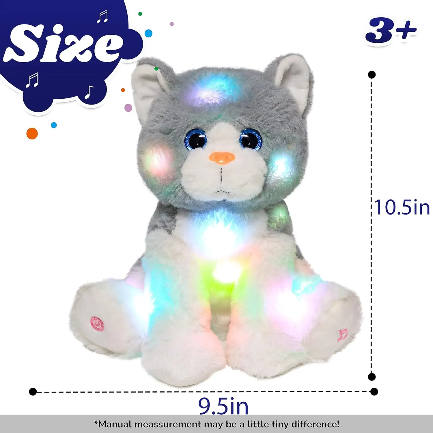 Cuteoy Kitty LED Musical Stuffed Animal Light-up Singing Plush Cat Adjustable Volume Lullaby Plushies Birthday Christmas Toy Gifts for Kids Toddler Girls, 10.5"