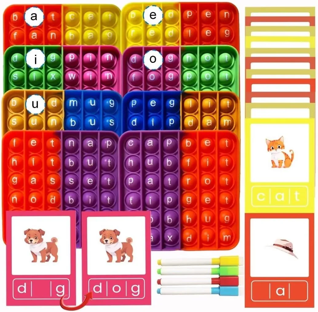 CVC Word Popper & CVC Word Flashcards, CVC Word Games, Learn to Read Fidgety Board Sight Words Phonics Reading Spelling Writing Kindergarten Learning Activity, Sensory Educational Toy for Kids