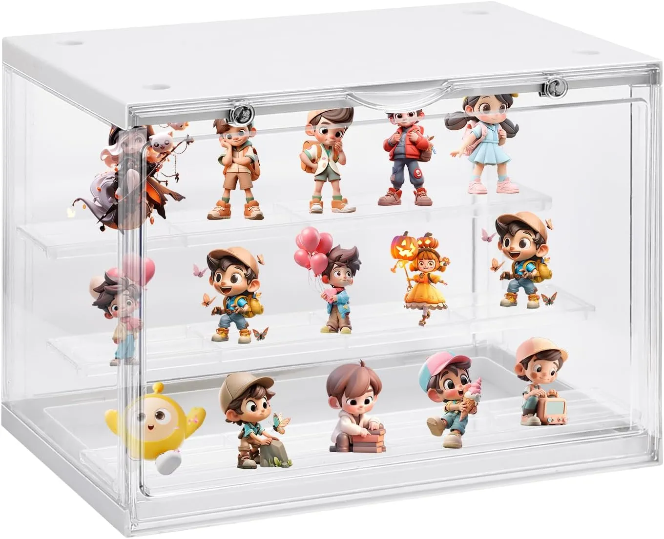 CYEAH Acrylic Display Case with 3 Movable Plate for Figures, Dustproof Protection Showcase with Magnetic Door, Stackable Display Storage Box Countertop for Collectibles Funko Pop Popmart
