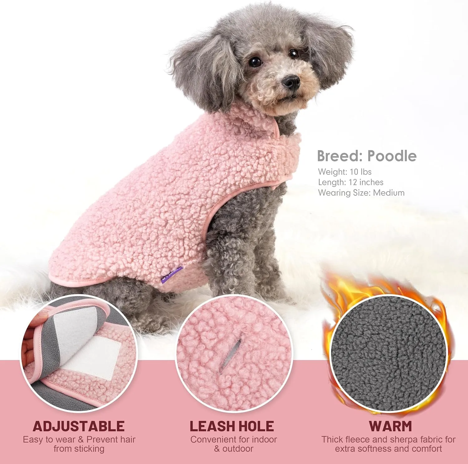 cyeollo Dog Coat Sherpa Fleece Reversible Jacket Turtleneck Sweater Vest Thick Dog Jackets for Winter Warm Clothes Cold Weather Coats for Small Dogs Apparel, Pink L