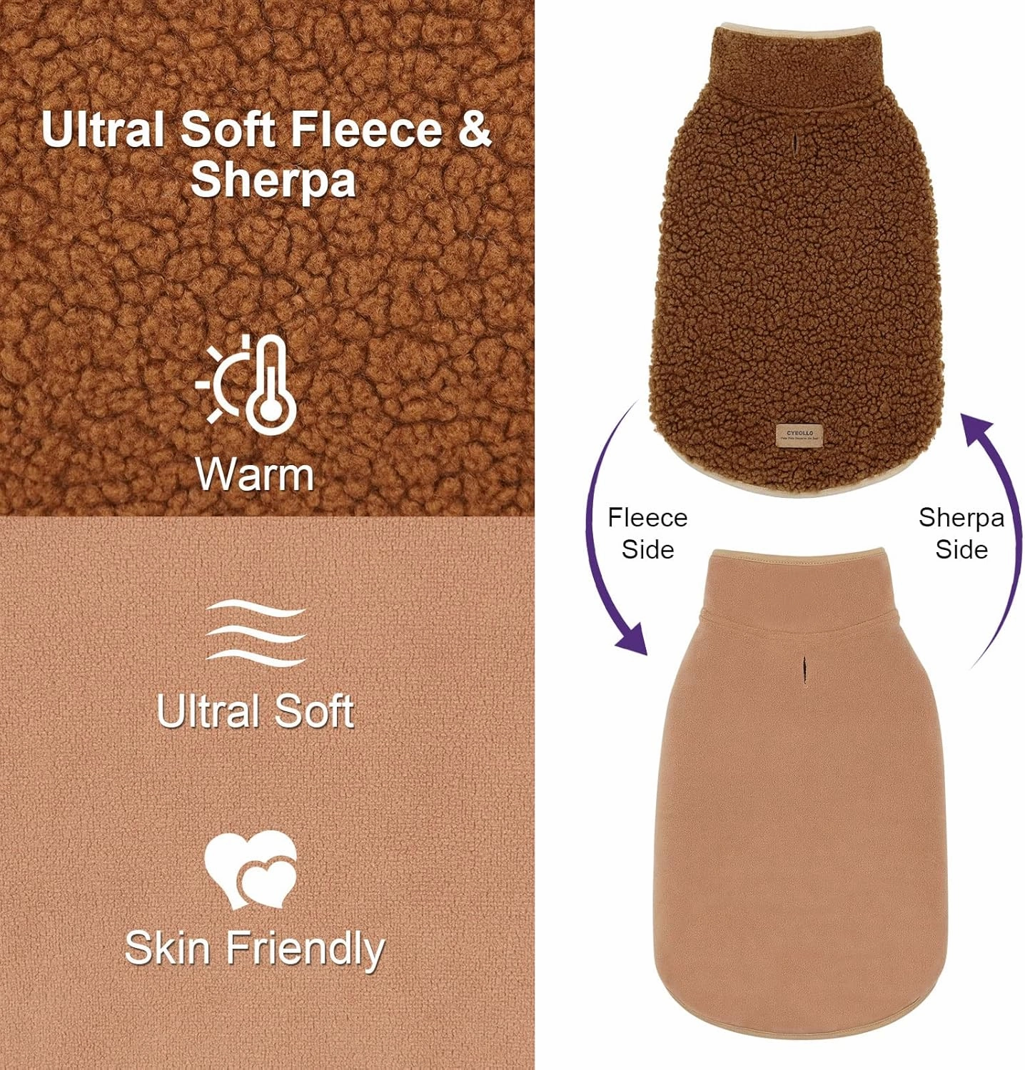 cyeollo Dog Coats Fleece Furry Reversible Turtleneck Sweater Thick Dog Jackets for Winter Warm Clothes Cold Weather Coats for Small Dogs Brown Apparel