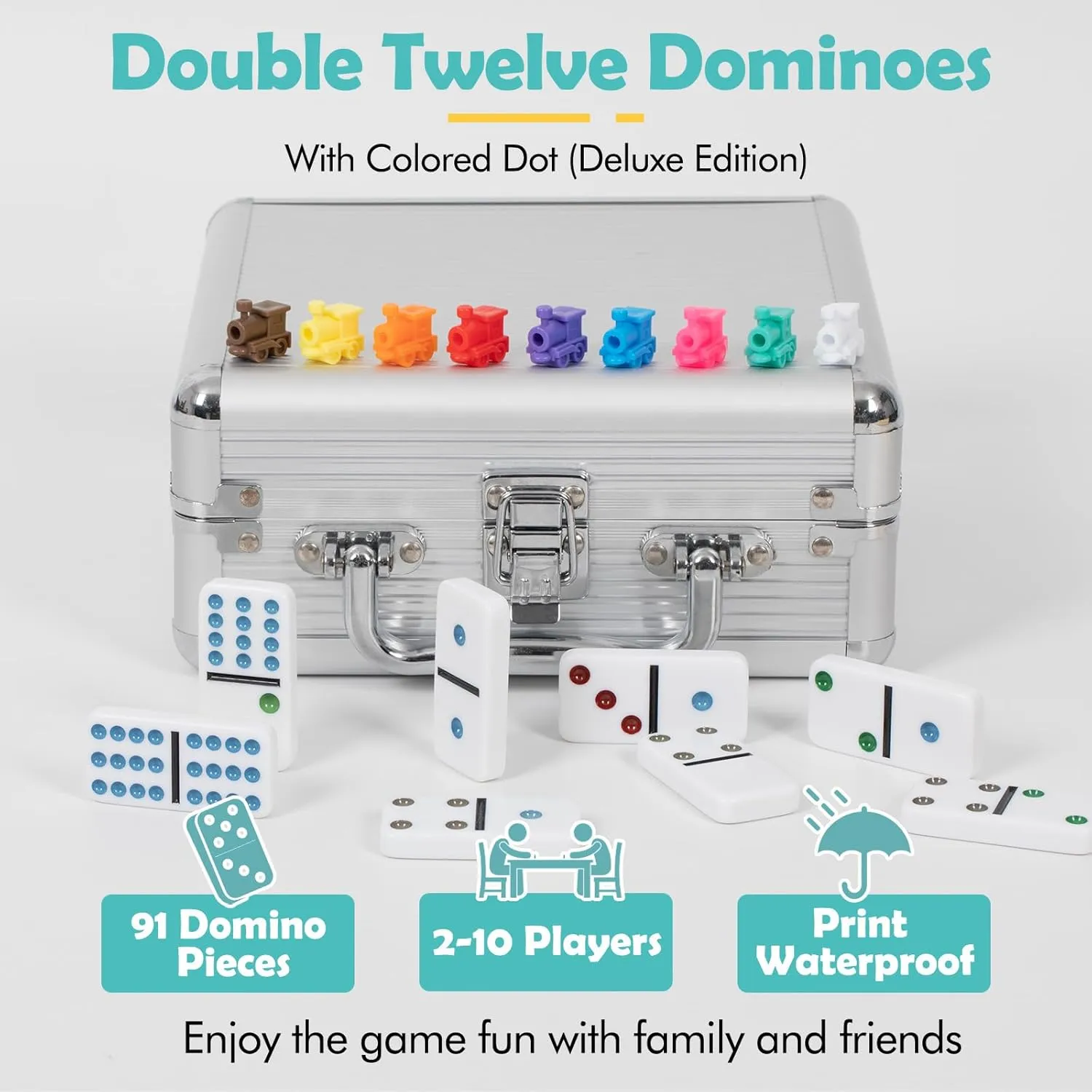 DAILYLIFE Mexican Train Dominoes Set, Double 12 Dominoes Set with Portable Case, 91 Tiles Colored Dominos Set for Adults, Mexican Train Games for Family Night, Travel, Party