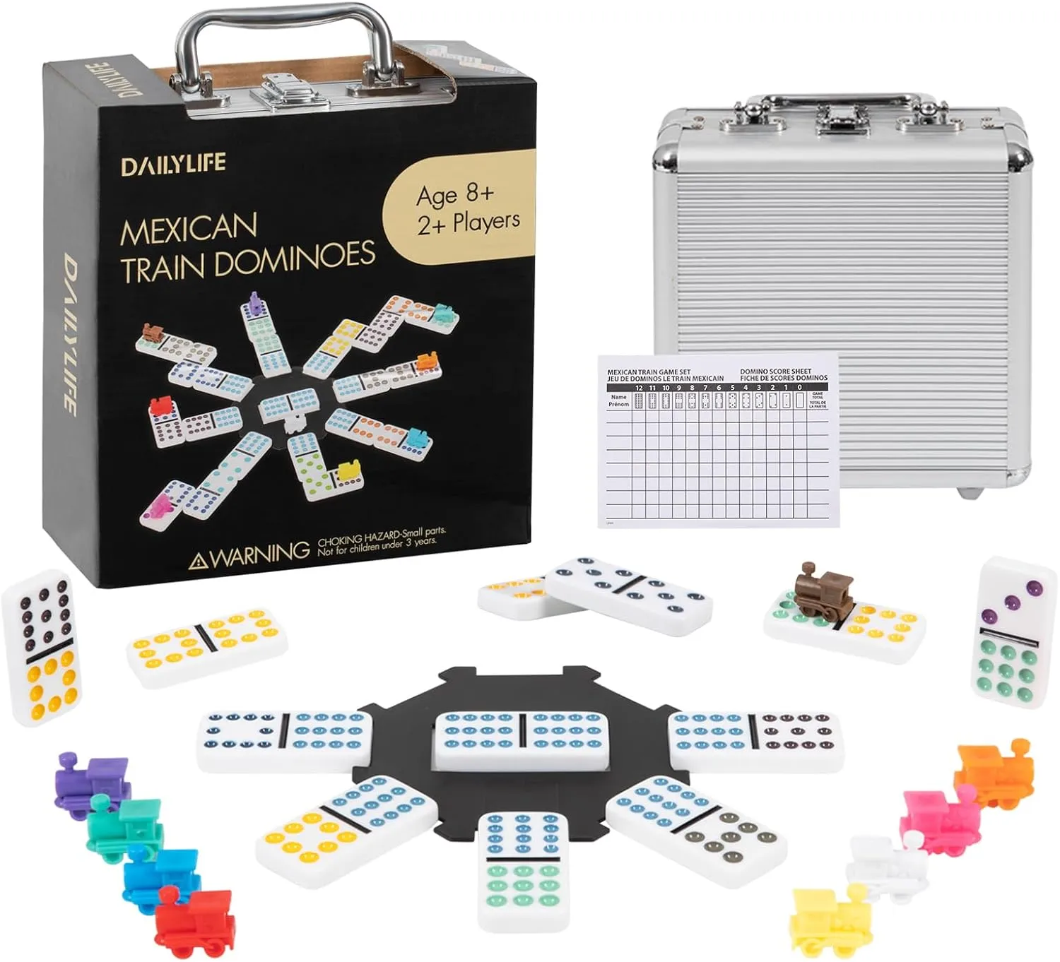 DAILYLIFE Mexican Train Dominoes Set, Double 12 Dominoes Set with Portable Case, 91 Tiles Colored Dominos Set for Adults, Mexican Train Games for Family Night, Travel, Party