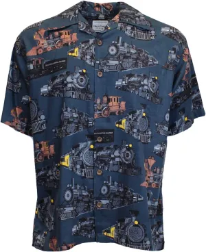David Carey Steam Train Work Shirt – Blue & Grey – Button Up Collared Short Sleeve Mechanic Camp/Club Shirt